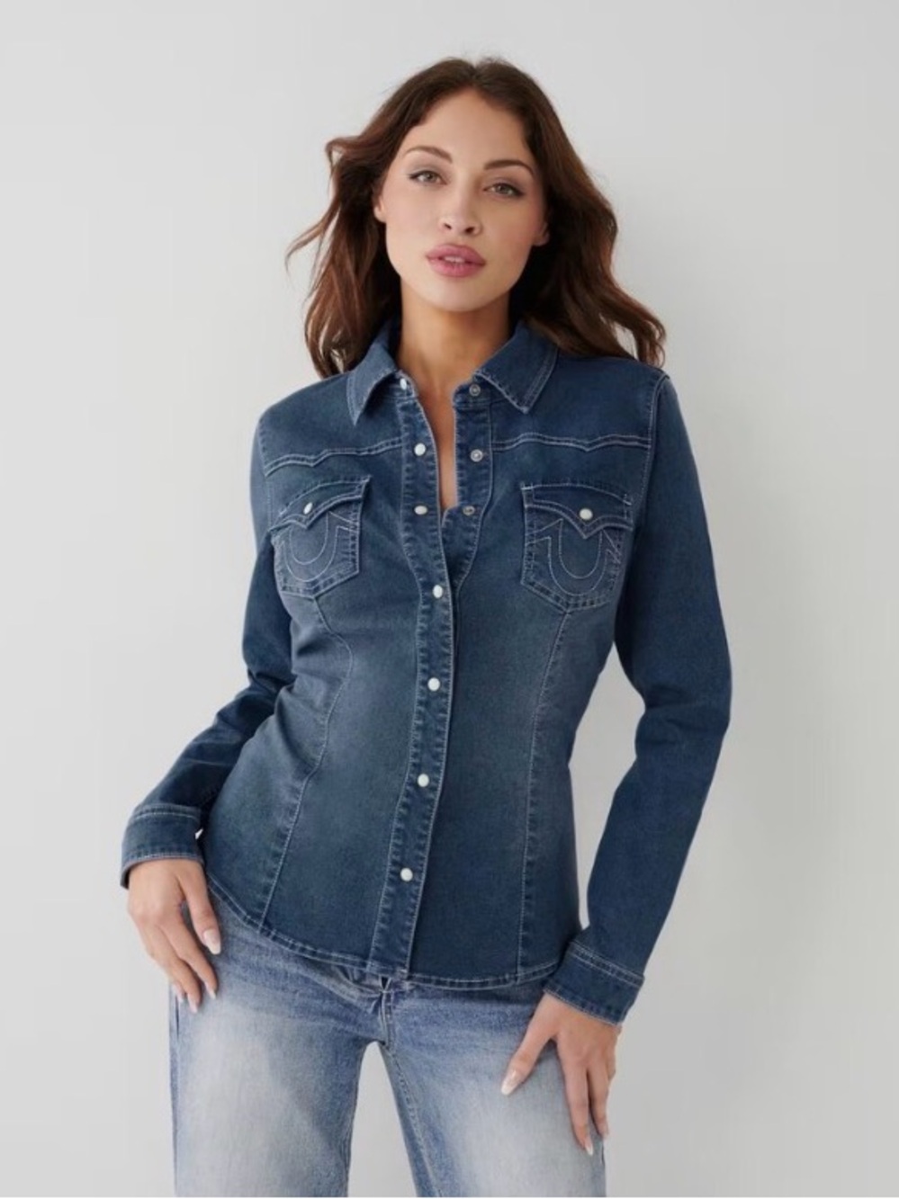 TRUE RELIGION WOMEN'S WESTERN DENIM SHIRT LARGE NEW - Picture 5 of 16